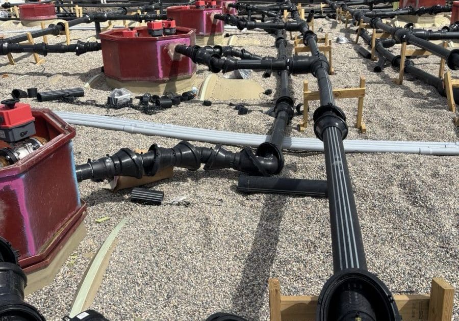 Close-up of double-wall fuel piping and fittings connecting tank sumps